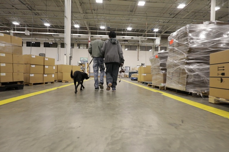 LCI employees walking with a seeing eye dog throughout the manufacturing facility